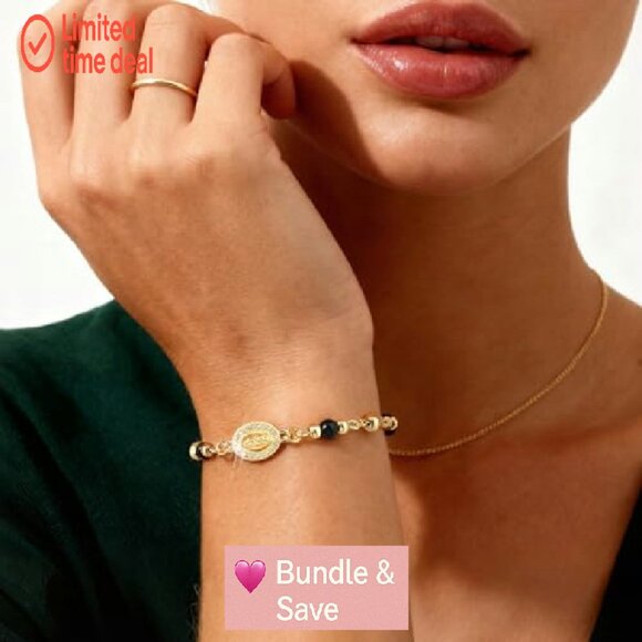 14K Gold Plated Virgin Mary Cross Bracelet Adjustable Natural Stone - Picture 3 of 8